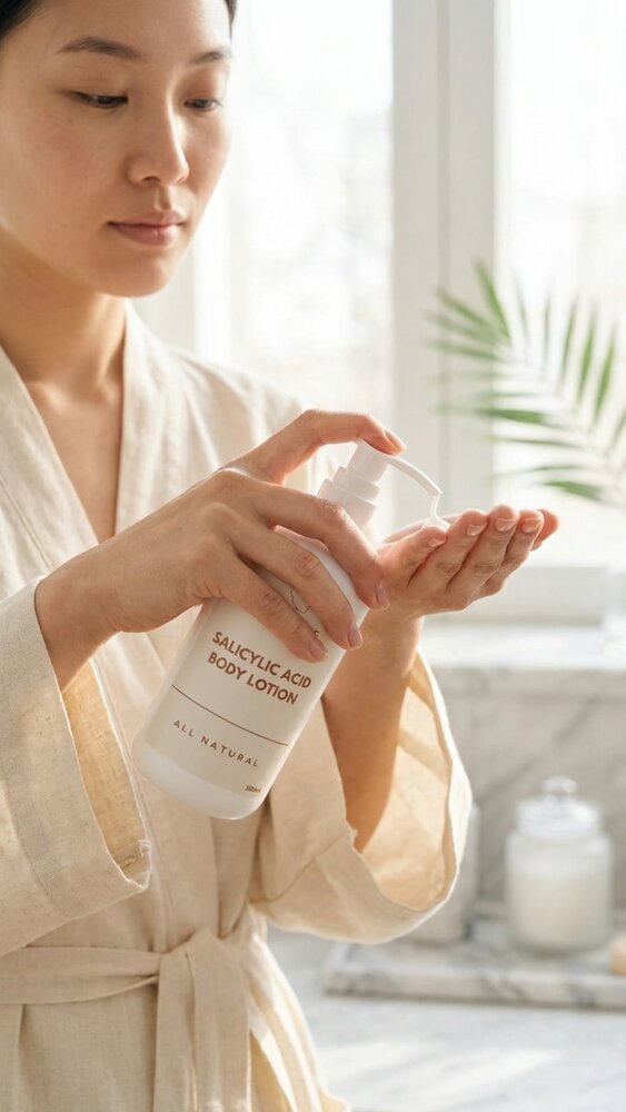 Woman in a linen robe applying Tiamore body lotion to her hands in soft morning light