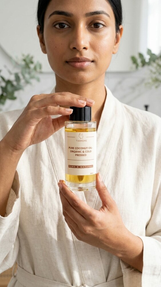 Woman holding a bottle of Tiamore Pure Coconut Oil