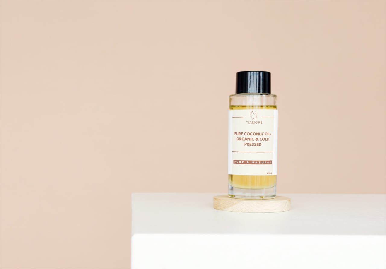Tiamore Pure Coconut Oil bottle, organic and cold pressed